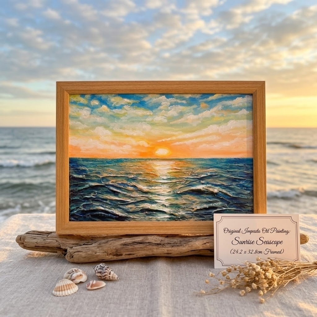 【黎明のポリフォニー】朝日の海 油絵 A4額縁付 / 夏の夕日 朝焼け 模様替え 開運