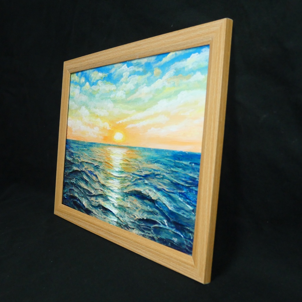【黎明のポリフォニー】朝日の海 油絵 A4額縁付 / 夏の夕日 朝焼け 模様替え 開運
