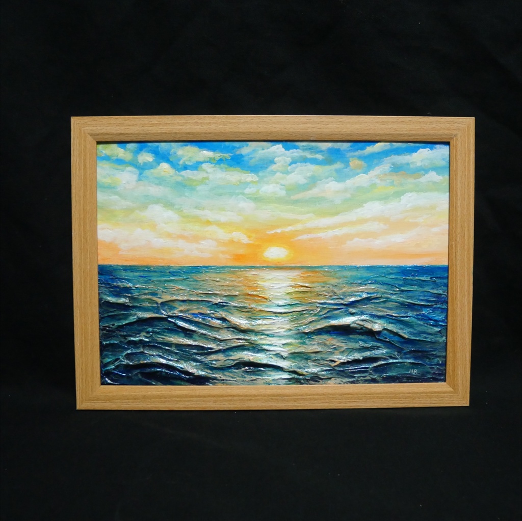 【黎明のポリフォニー】朝日の海 油絵 A4額縁付 / 夏の夕日 朝焼け 模様替え 開運