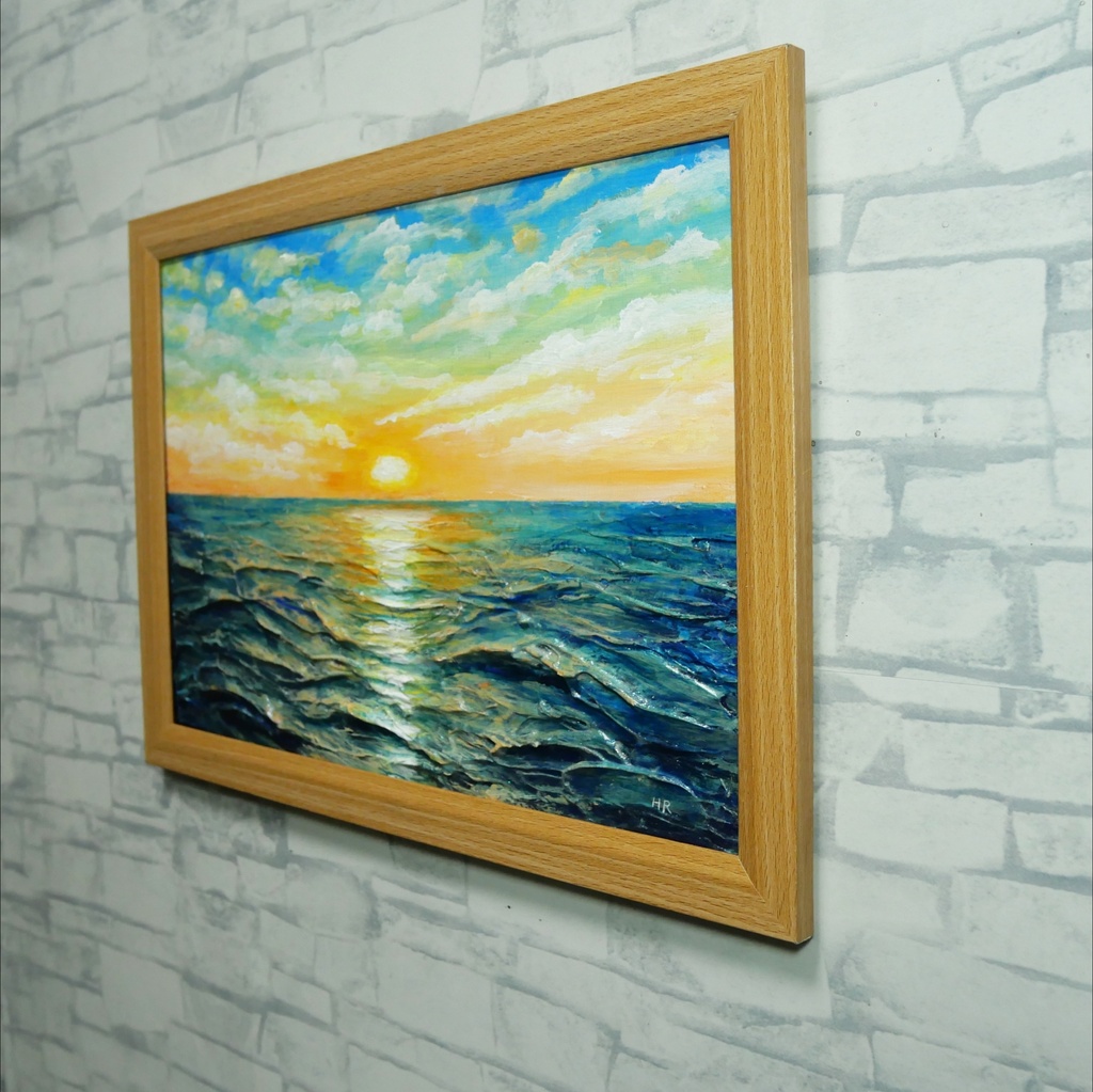 【黎明のポリフォニー】朝日の海 油絵 A4額縁付 / 夏の夕日 朝焼け 模様替え 開運