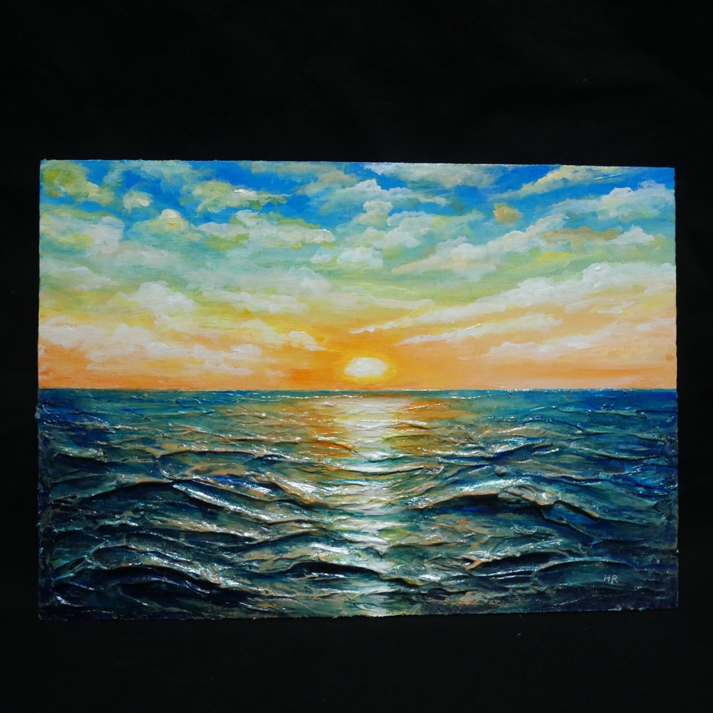 【黎明のポリフォニー】朝日の海 油絵 A4額縁付 / 夏の夕日 朝焼け 模様替え 開運