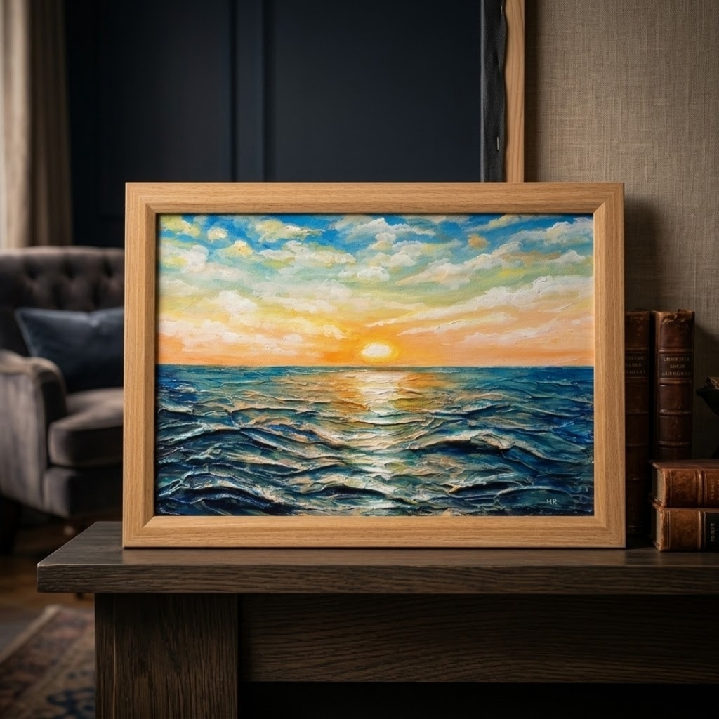 【黎明のポリフォニー】朝日の海 油絵 A4額縁付 / 夏の夕日 朝焼け 模様替え 開運