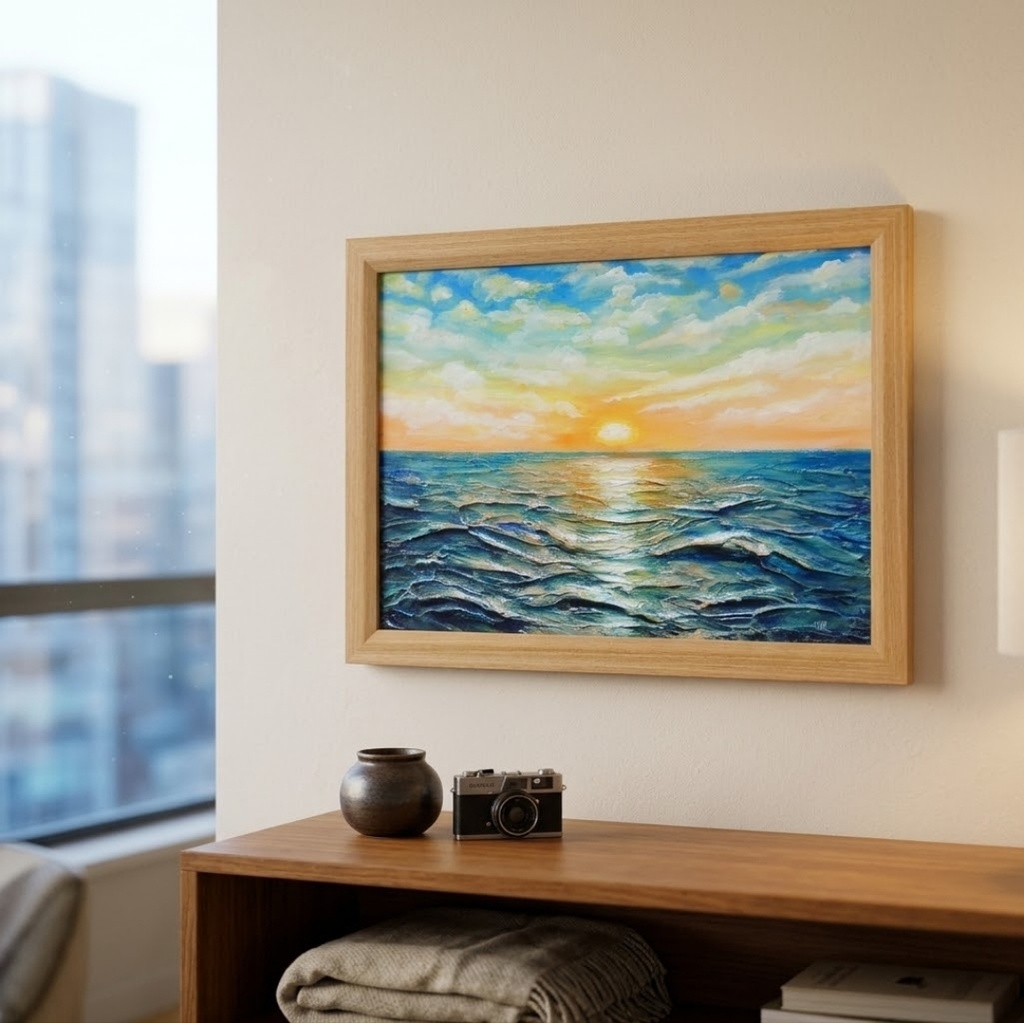 【黎明のポリフォニー】朝日の海 油絵 A4額縁付 / 夏の夕日 朝焼け 模様替え 開運