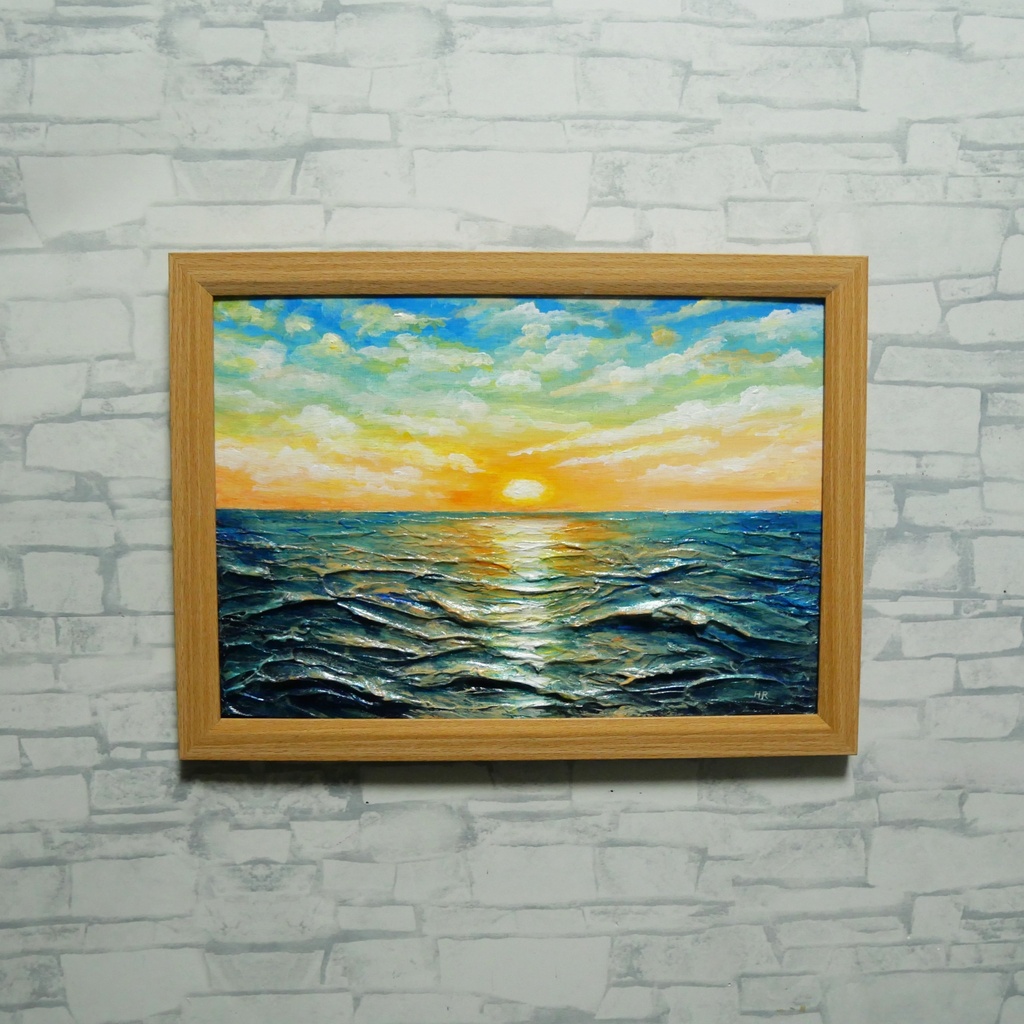 【黎明のポリフォニー】朝日の海 油絵 A4額縁付 / 夏の夕日 朝焼け 模様替え 開運