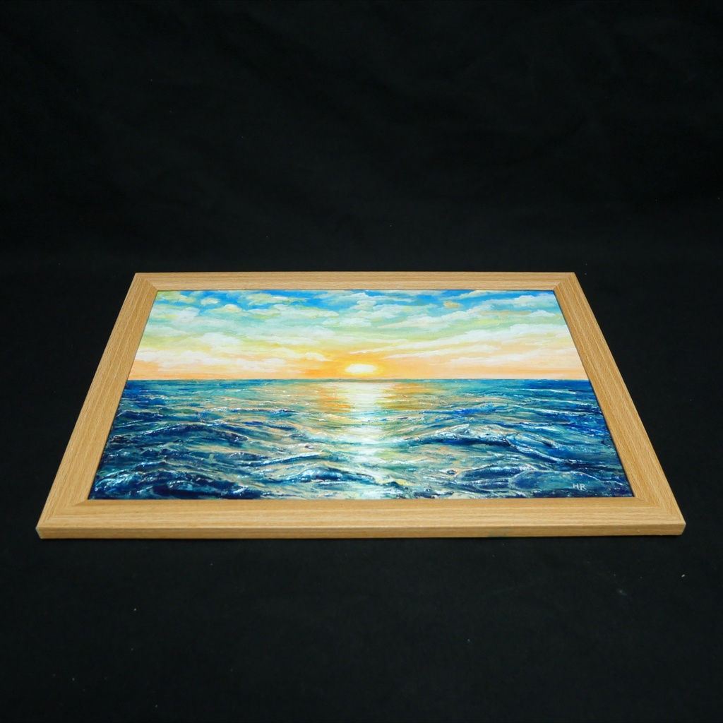 【黎明のポリフォニー】朝日の海 油絵 A4額縁付 / 夏の夕日 朝焼け 模様替え 開運