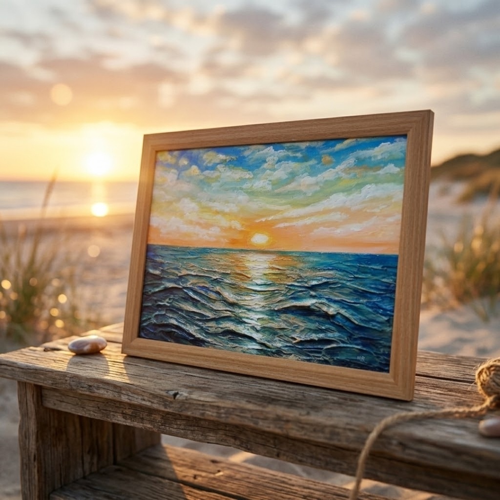 【黎明のポリフォニー】朝日の海 油絵 A4額縁付 / 夏の夕日 朝焼け 模様替え 開運