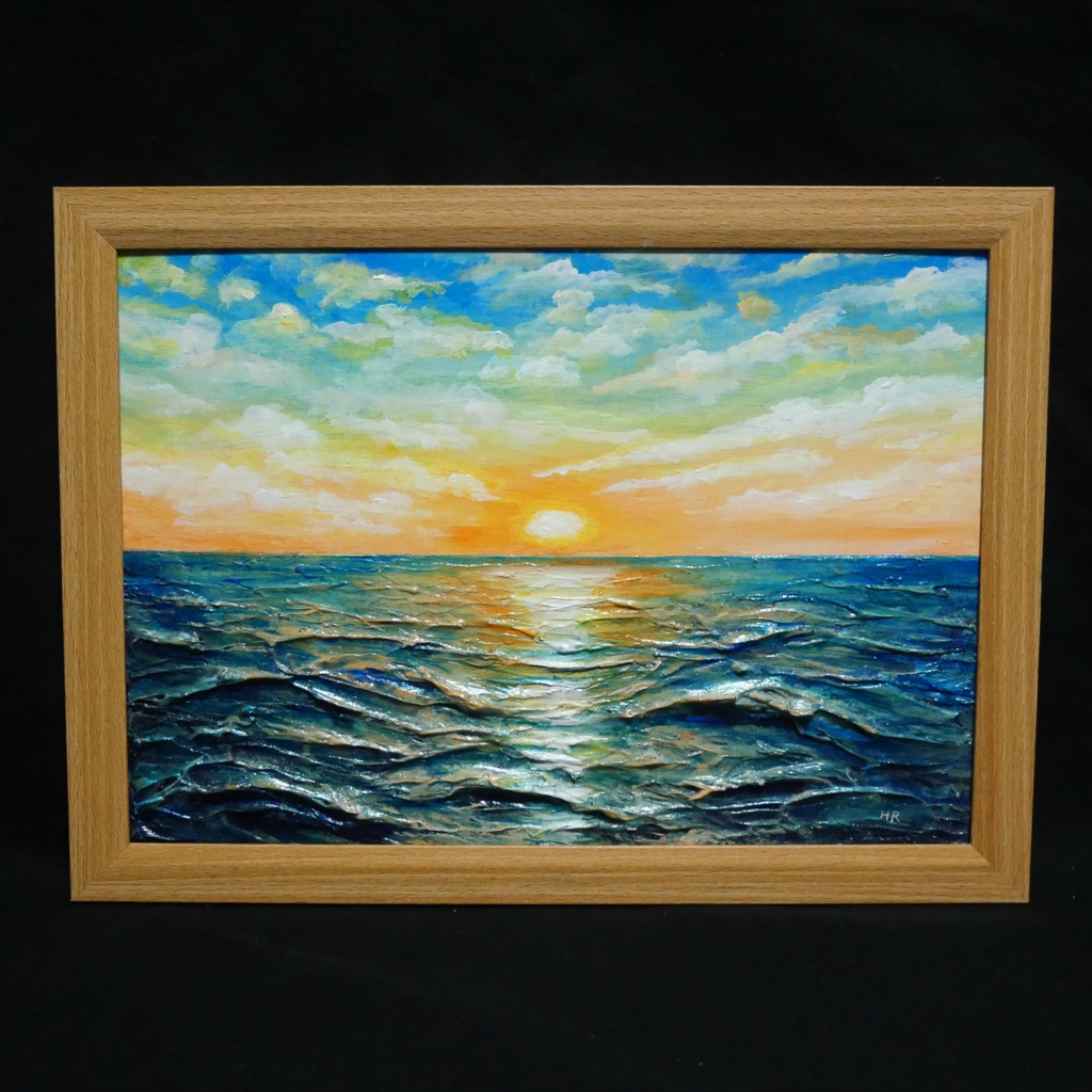 【黎明のポリフォニー】朝日の海 油絵 A4額縁付 / 夏の夕日 朝焼け 模様替え 開運