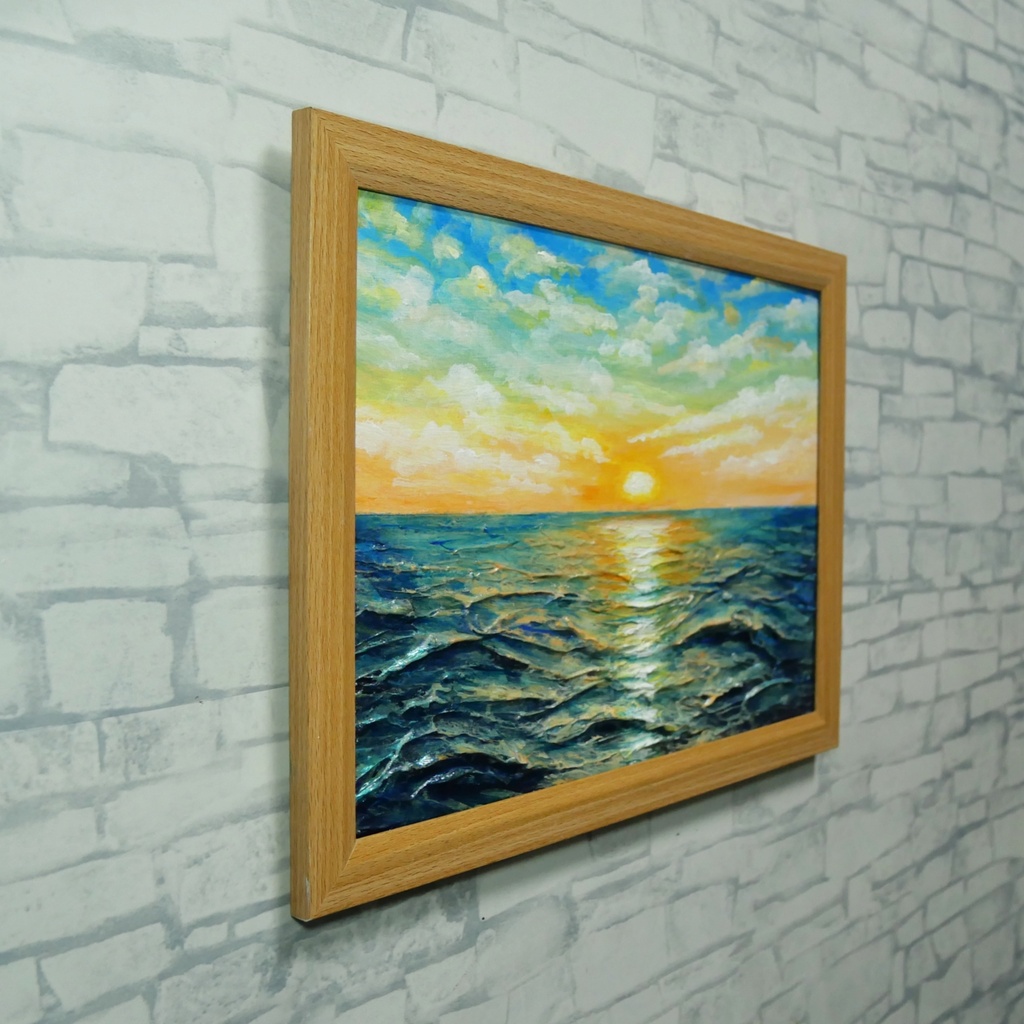 【黎明のポリフォニー】朝日の海 油絵 A4額縁付 / 夏の夕日 朝焼け 模様替え 開運