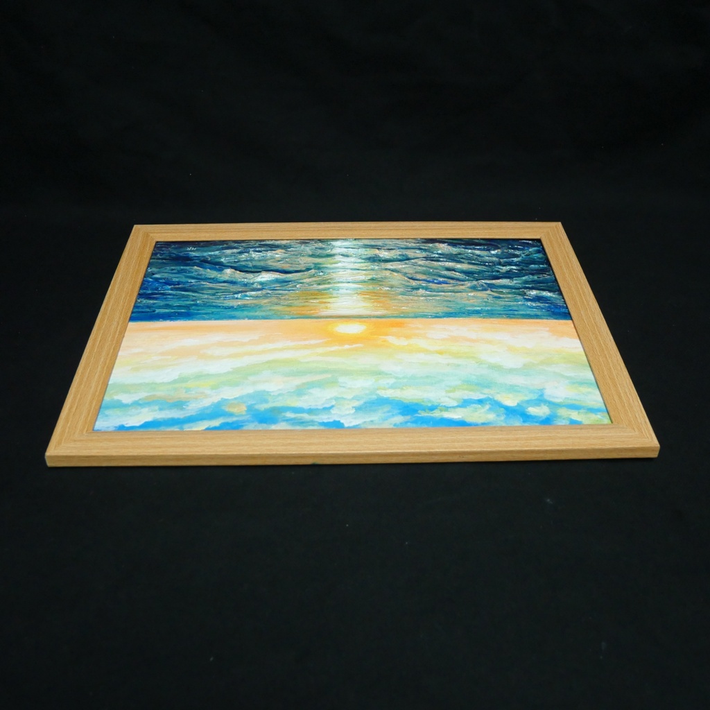 【黎明のポリフォニー】朝日の海 油絵 A4額縁付 / 夏の夕日 朝焼け 模様替え 開運