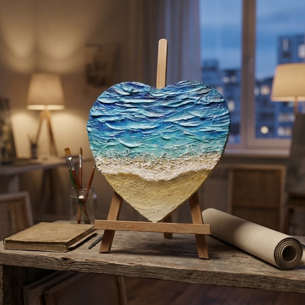 【原画】心に寄せる、碧の記憶 / 夏の海と砂浜のハート油彩画(テクスチャーアート・インテリア壁掛け)