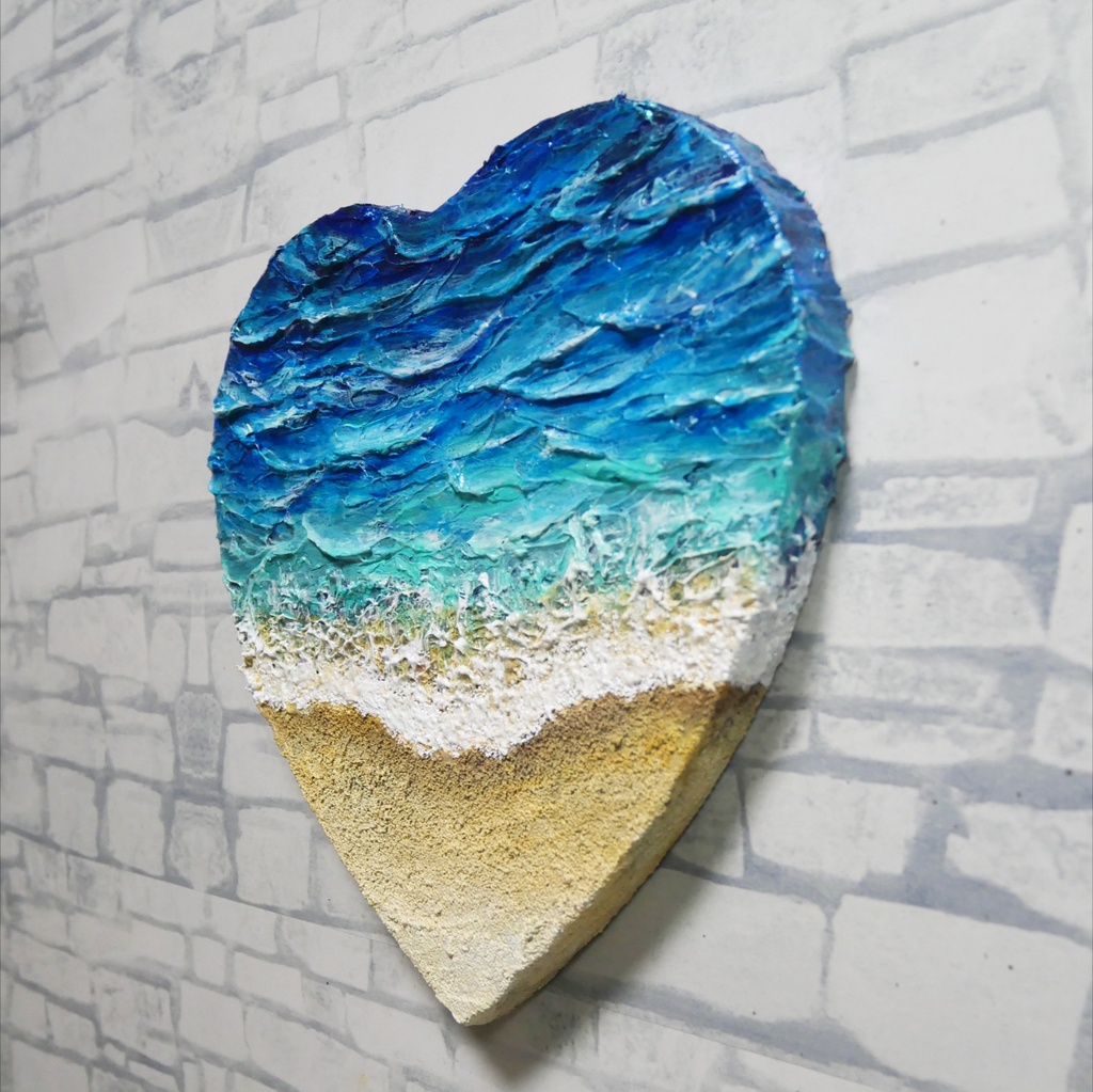 【原画】心に寄せる、碧の記憶 / 夏の海と砂浜のハート油彩画(テクスチャーアート・インテリア壁掛け)