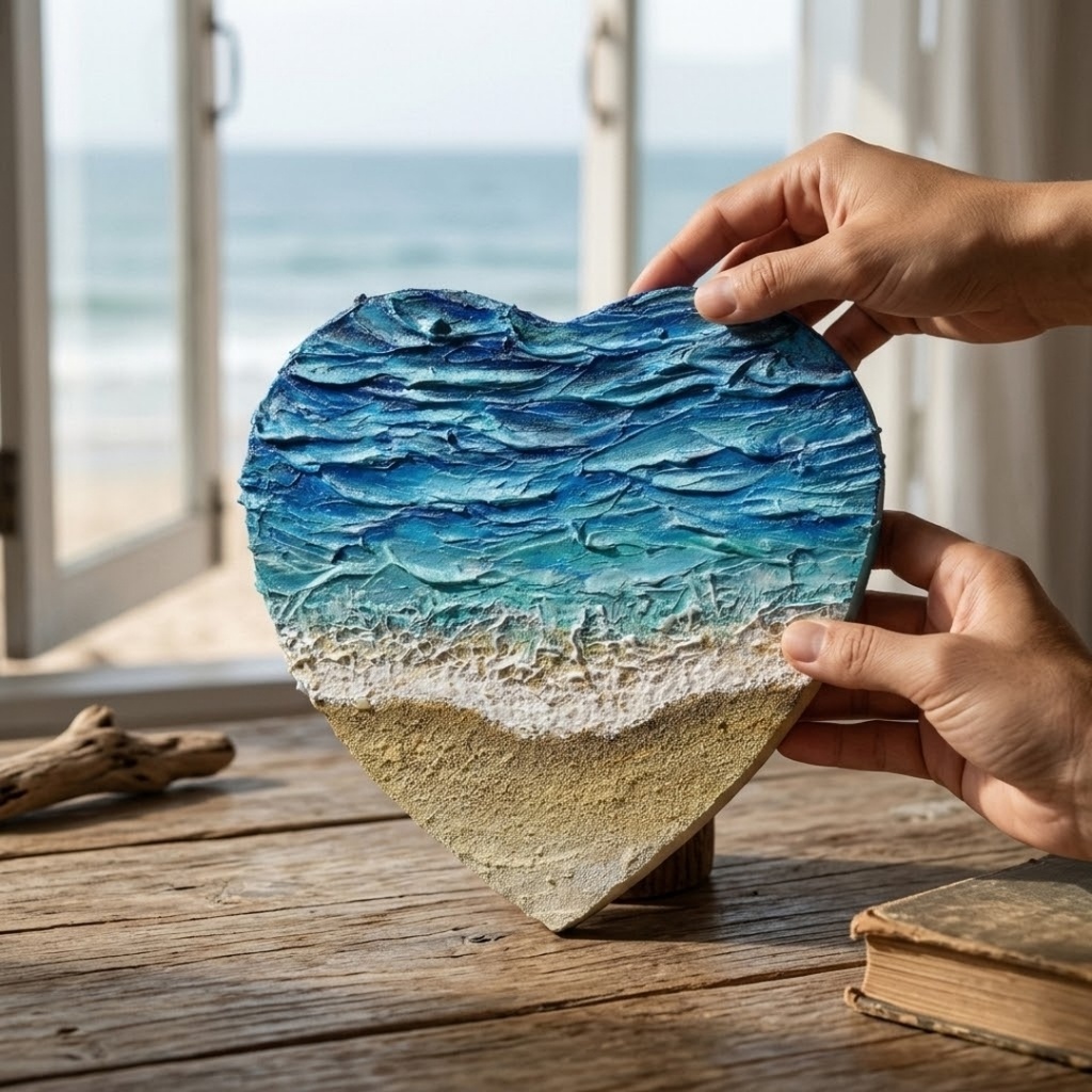 【原画】心に寄せる、碧の記憶 / 夏の海と砂浜のハート油彩画(テクスチャーアート・インテリア壁掛け)