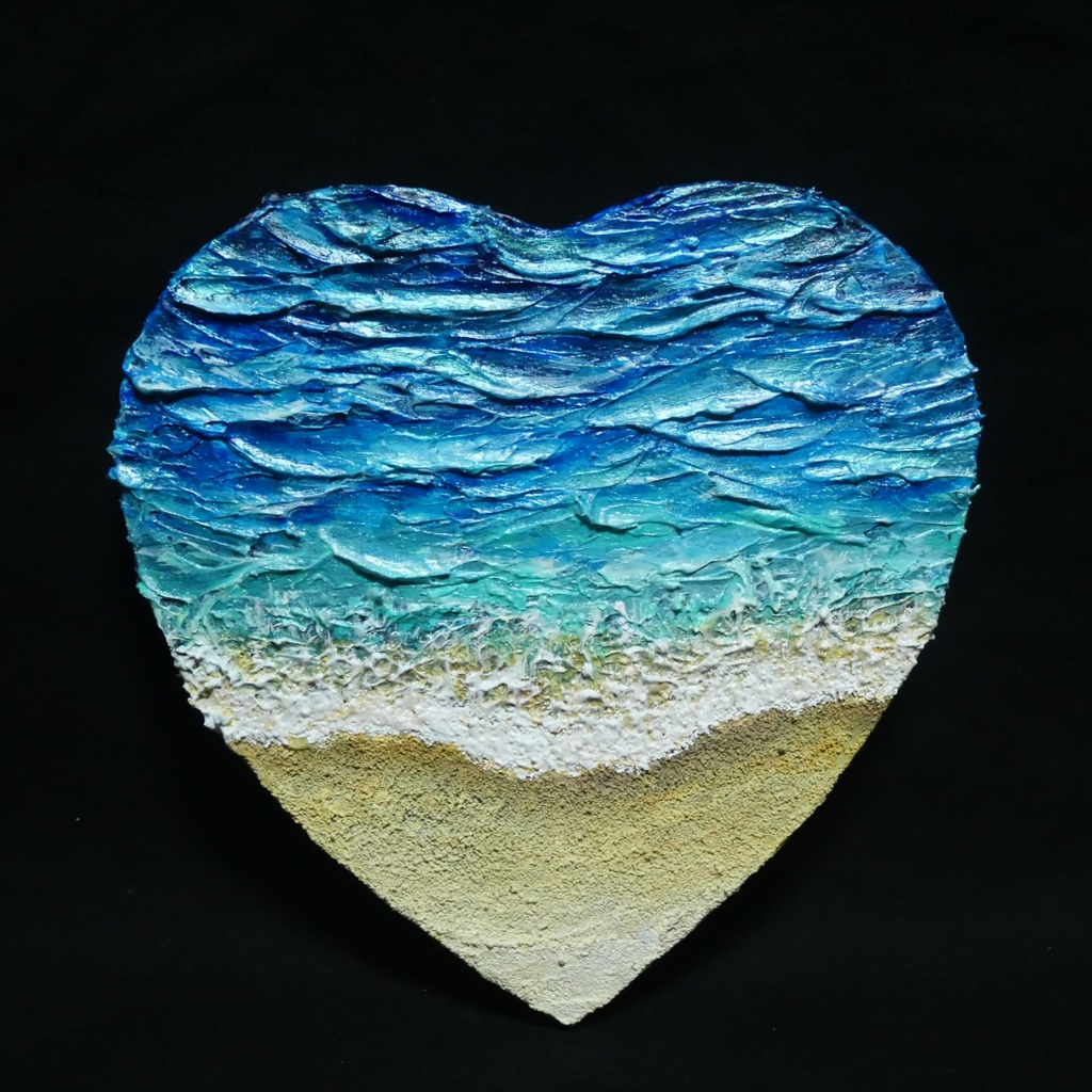 【原画】心に寄せる、碧の記憶 / 夏の海と砂浜のハート油彩画(テクスチャーアート・インテリア壁掛け)