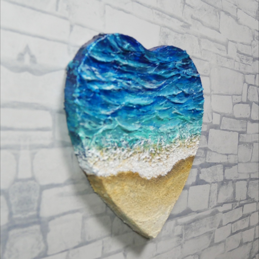 【原画】心に寄せる、碧の記憶 / 夏の海と砂浜のハート油彩画(テクスチャーアート・インテリア壁掛け)