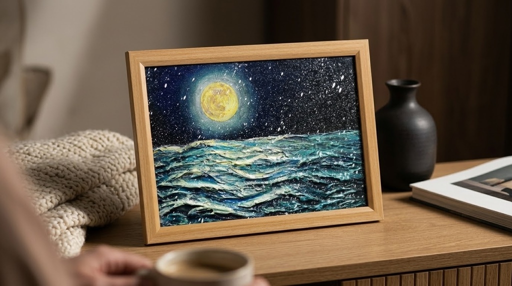 【油絵原画】「蒼海を満たす、黄金の記憶」A4サイズ・額縁付き / 満月・雪・夜の海【一点物・壁掛け可】