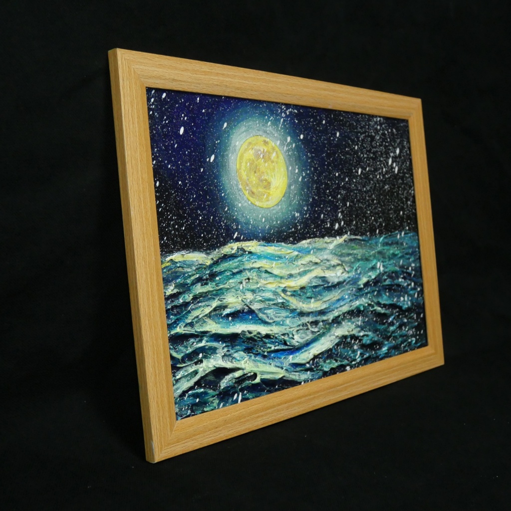 【油絵原画】「蒼海を満たす、黄金の記憶」A4サイズ・額縁付き / 満月・雪・夜の海【一点物・壁掛け可】