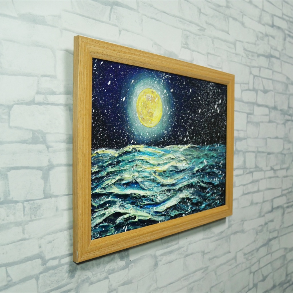 【油絵原画】「蒼海を満たす、黄金の記憶」A4サイズ・額縁付き / 満月・雪・夜の海【一点物・壁掛け可】