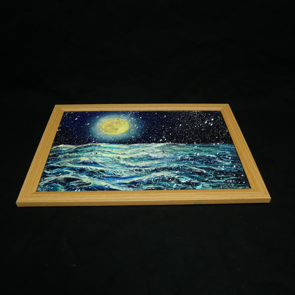 【油絵原画】「蒼海を満たす、黄金の記憶」A4サイズ・額縁付き / 満月・雪・夜の海【一点物・壁掛け可】