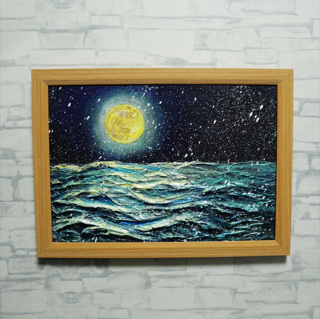 【油絵原画】「蒼海を満たす、黄金の記憶」A4サイズ・額縁付き / 満月・雪・夜の海【一点物・壁掛け可】