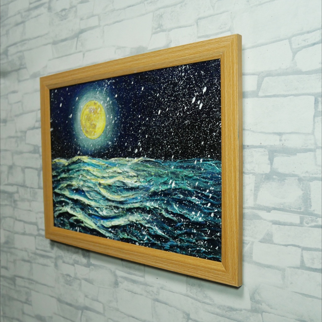 【油絵原画】「蒼海を満たす、黄金の記憶」A4サイズ・額縁付き / 満月・雪・夜の海【一点物・壁掛け可】