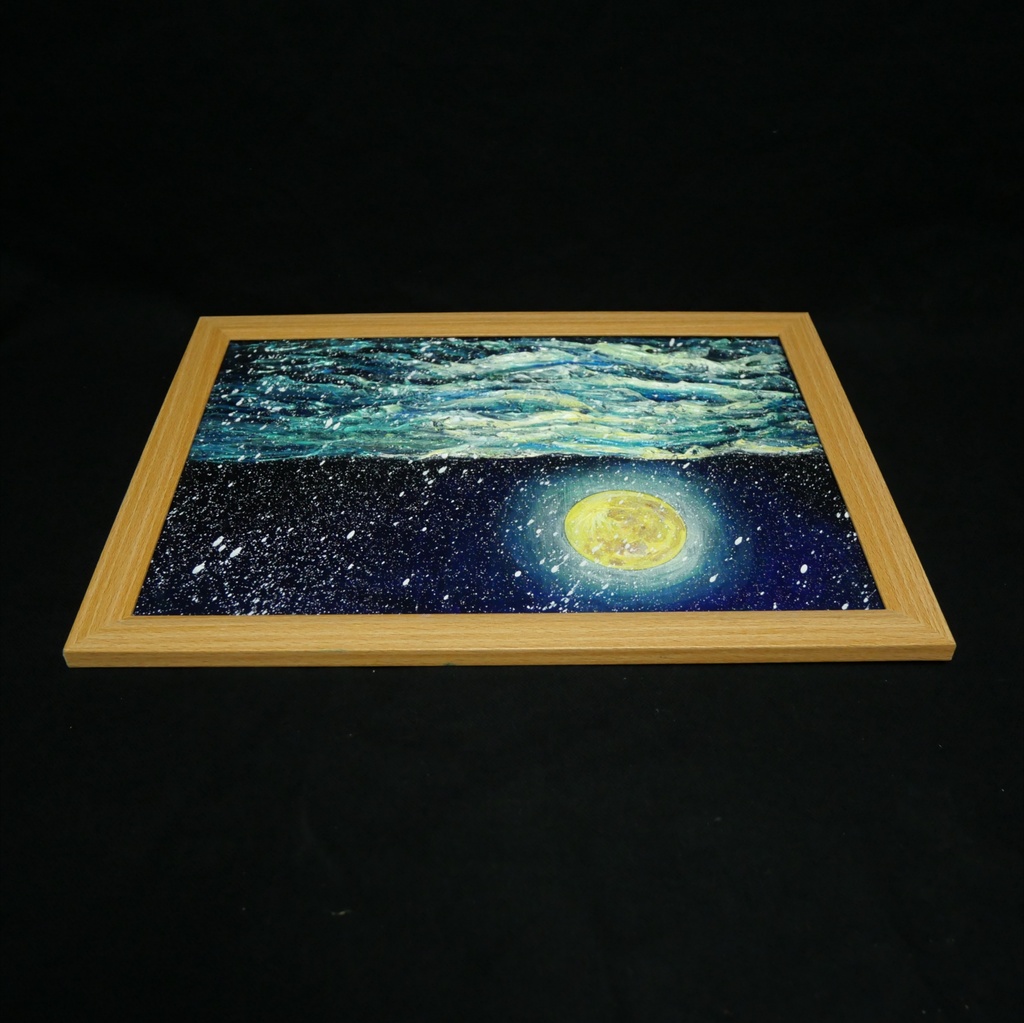 【油絵原画】「蒼海を満たす、黄金の記憶」A4サイズ・額縁付き / 満月・雪・夜の海【一点物・壁掛け可】