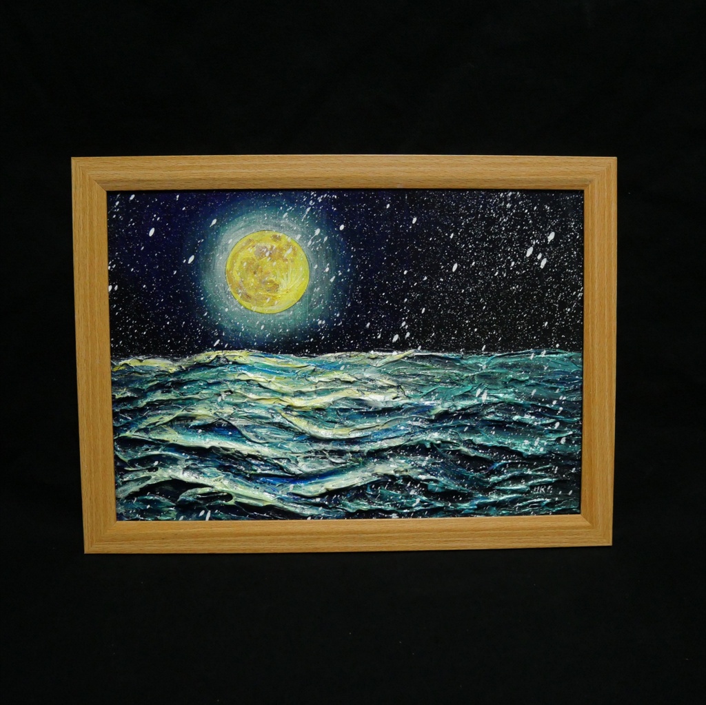 【油絵原画】「蒼海を満たす、黄金の記憶」A4サイズ・額縁付き / 満月・雪・夜の海【一点物・壁掛け可】