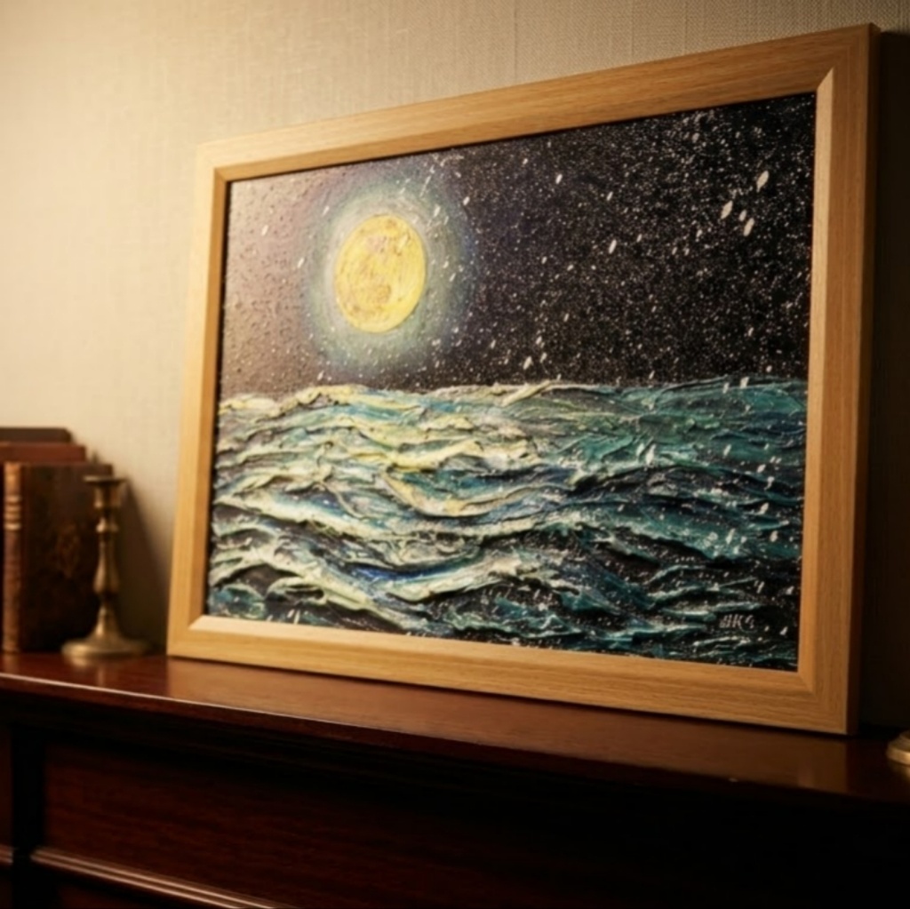 【油絵原画】「蒼海を満たす、黄金の記憶」A4サイズ・額縁付き / 満月・雪・夜の海【一点物・壁掛け可】