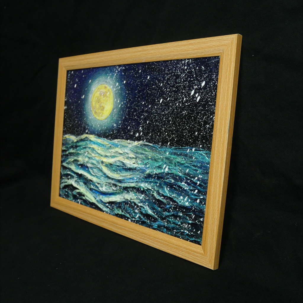 【油絵原画】「蒼海を満たす、黄金の記憶」A4サイズ・額縁付き / 満月・雪・夜の海【一点物・壁掛け可】