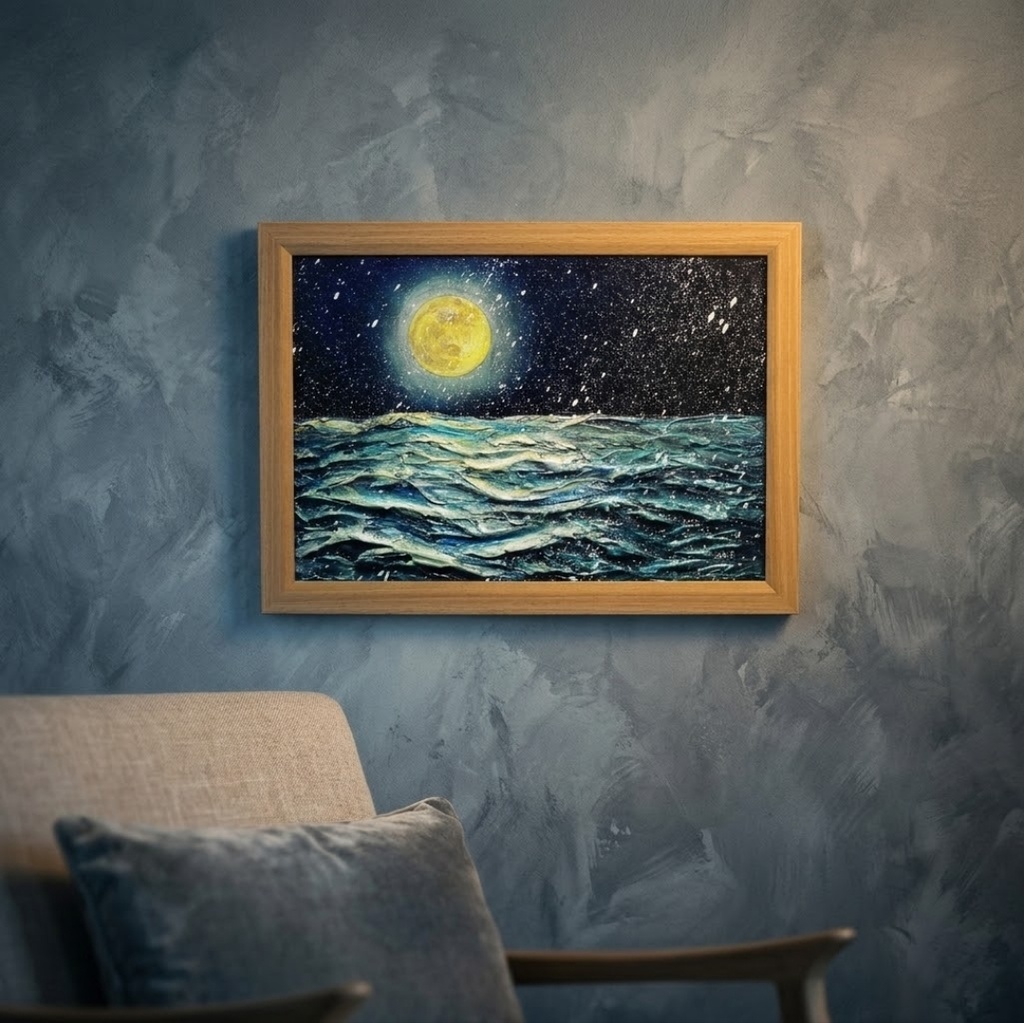 【油絵原画】「蒼海を満たす、黄金の記憶」A4サイズ・額縁付き / 満月・雪・夜の海【一点物・壁掛け可】