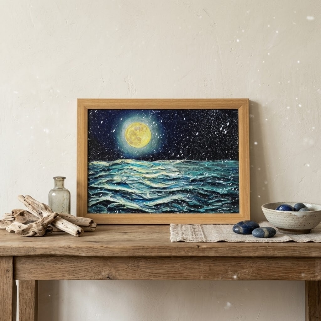 【油絵原画】「蒼海を満たす、黄金の記憶」A4サイズ・額縁付き / 満月・雪・夜の海【一点物・壁掛け可】
