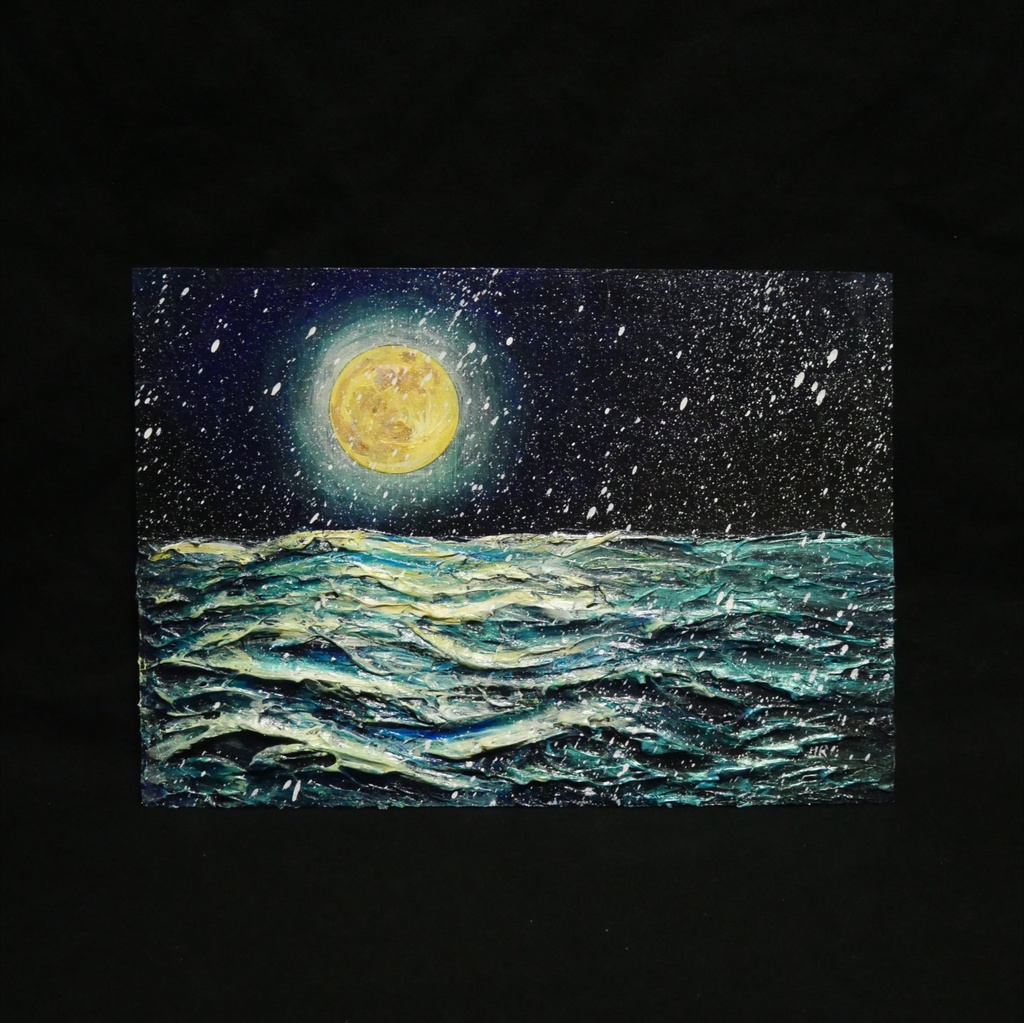 【油絵原画】「蒼海を満たす、黄金の記憶」A4サイズ・額縁付き / 満月・雪・夜の海【一点物・壁掛け可】