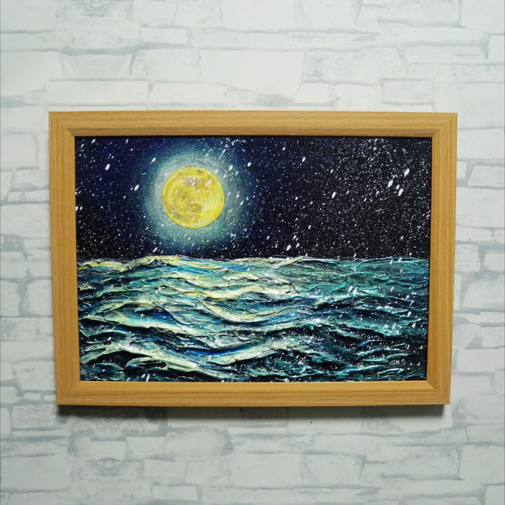 【油絵原画】「蒼海を満たす、黄金の記憶」A4サイズ・額縁付き / 満月・雪・夜の海【一点物・壁掛け可】