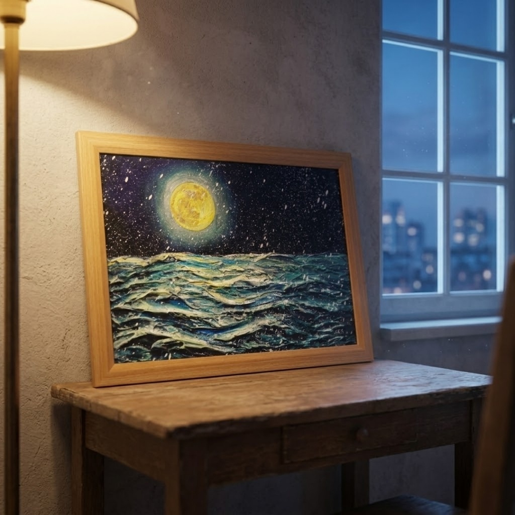 【油絵原画】「蒼海を満たす、黄金の記憶」A4サイズ・額縁付き / 満月・雪・夜の海【一点物・壁掛け可】