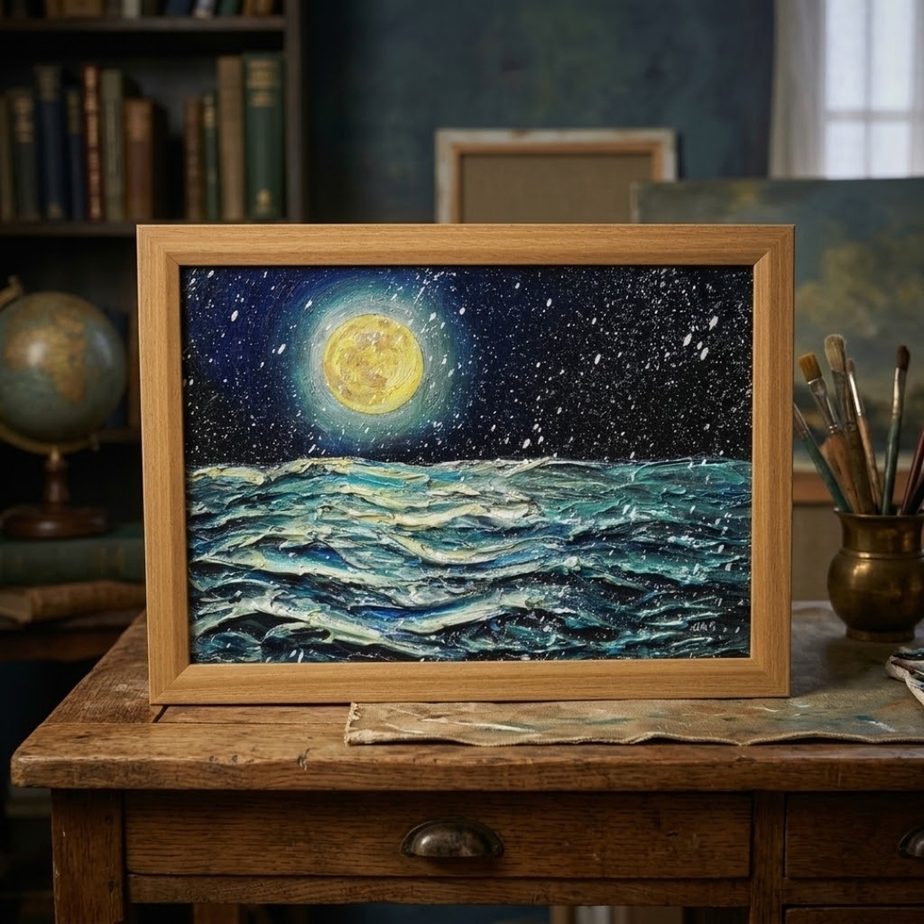 【油絵原画】「蒼海を満たす、黄金の記憶」A4サイズ・額縁付き / 満月・雪・夜の海【一点物・壁掛け可】