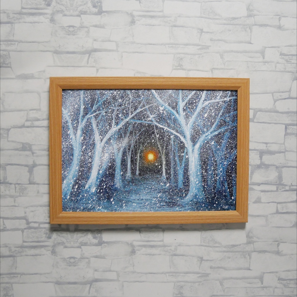 【油絵原画】吹雪のなかのぬくもり(A4サイズ・額装済・壁掛け可)幻想的な冬の風景画