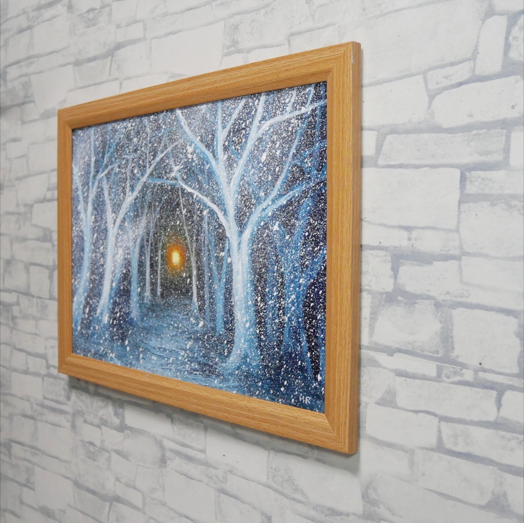 【油絵原画】吹雪のなかのぬくもり(A4サイズ・額装済・壁掛け可)幻想的な冬の風景画