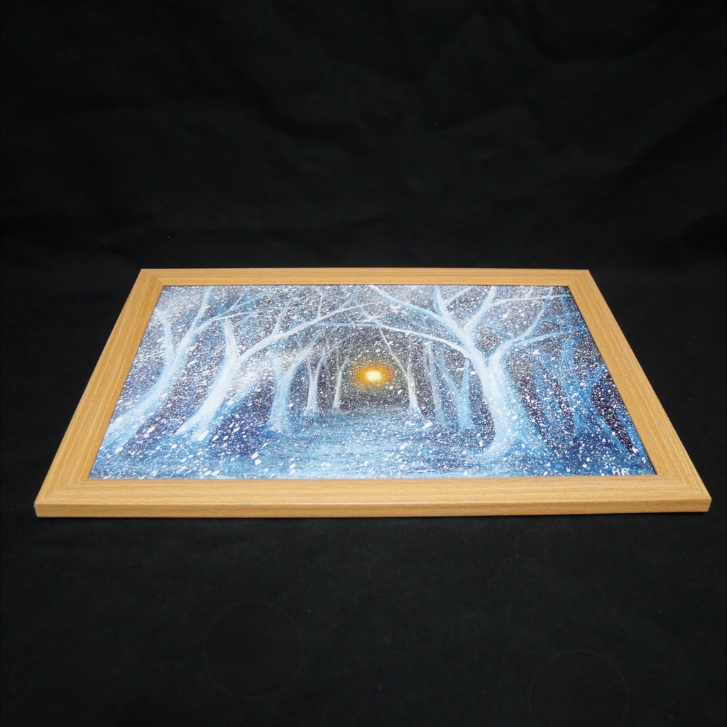 【油絵原画】吹雪のなかのぬくもり(A4サイズ・額装済・壁掛け可)幻想的な冬の風景画