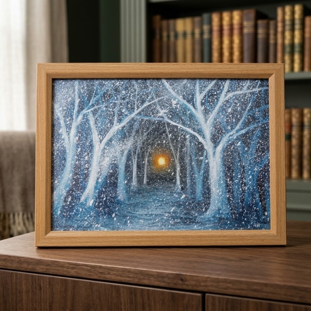 【油絵原画】吹雪のなかのぬくもり(A4サイズ・額装済・壁掛け可)幻想的な冬の風景画