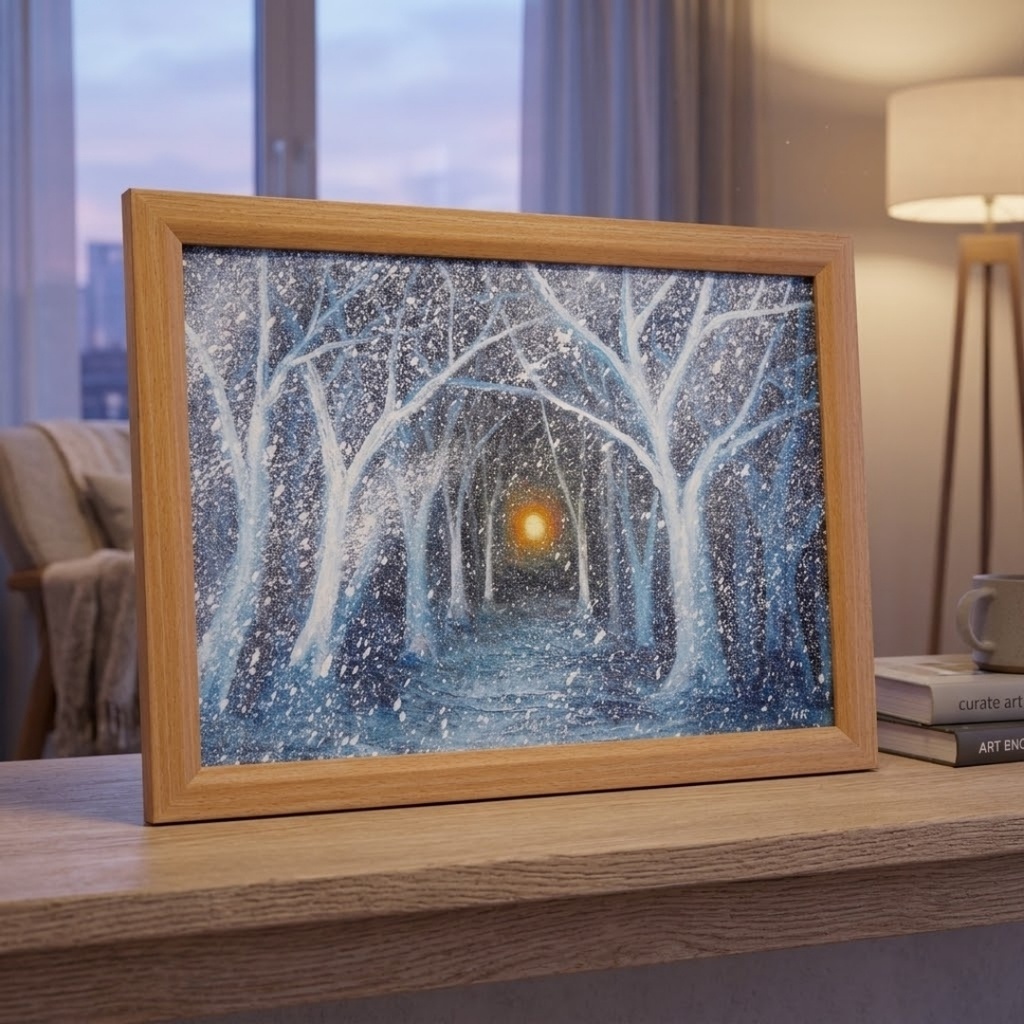 【油絵原画】吹雪のなかのぬくもり(A4サイズ・額装済・壁掛け可)幻想的な冬の風景画