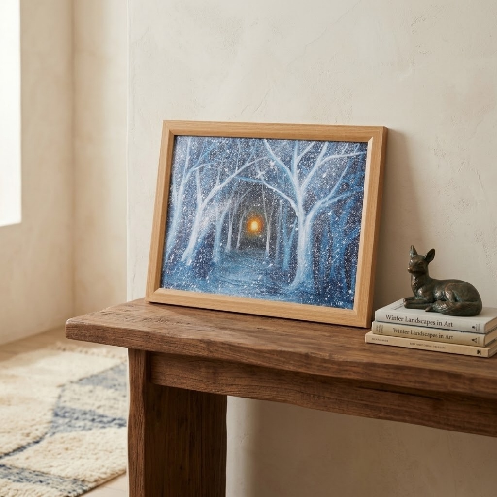 【油絵原画】吹雪のなかのぬくもり(A4サイズ・額装済・壁掛け可)幻想的な冬の風景画