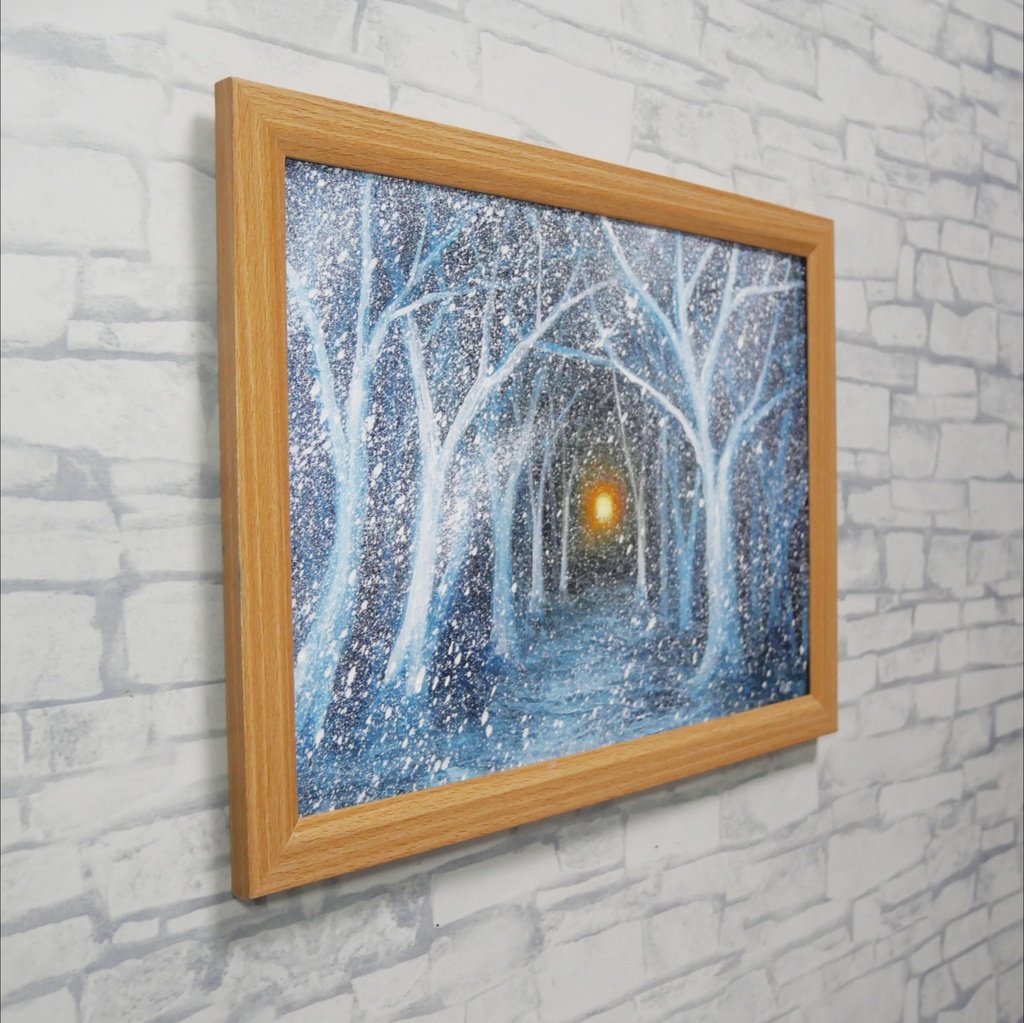 【油絵原画】吹雪のなかのぬくもり(A4サイズ・額装済・壁掛け可)幻想的な冬の風景画