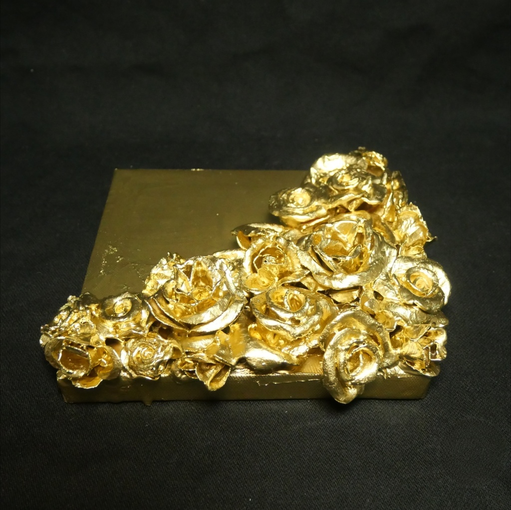 黄金の薔薇 立体アートパネル【至高の部屋、至福の時】油絵/インテリア/モダンアート/壁掛け/ギフト