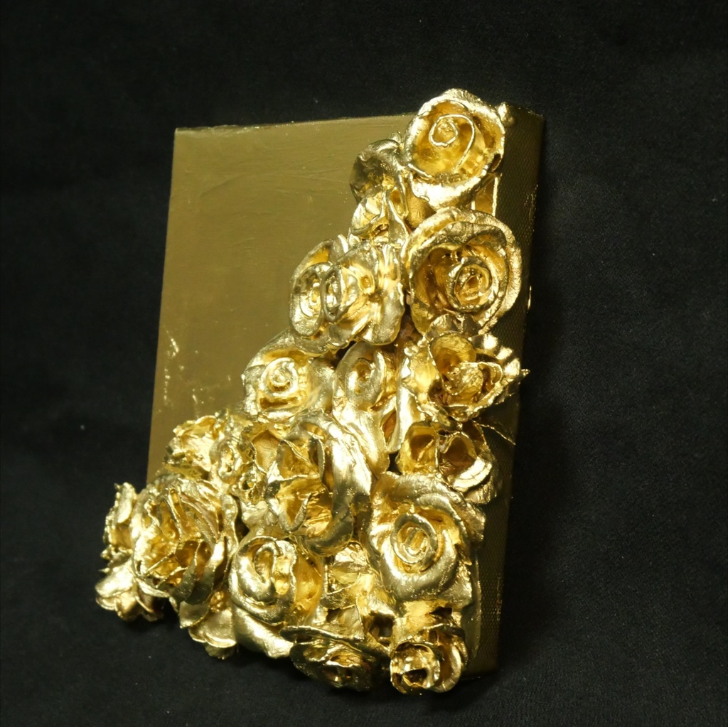 黄金の薔薇 立体アートパネル【至高の部屋、至福の時】油絵/インテリア/モダンアート/壁掛け/ギフト