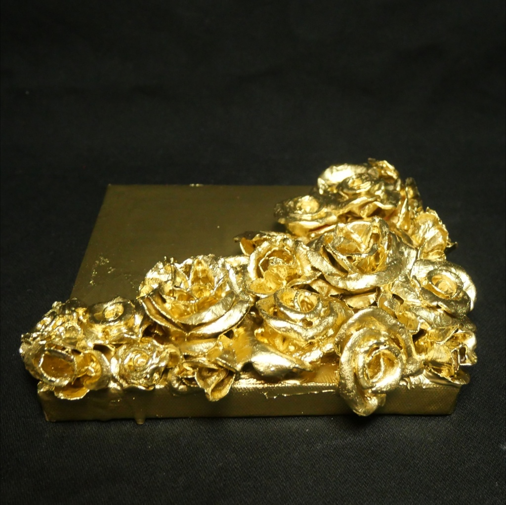黄金の薔薇 立体アートパネル【至高の部屋、至福の時】油絵/インテリア/モダンアート/壁掛け/ギフト