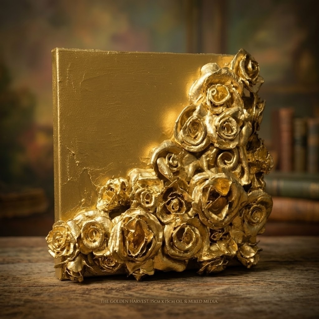 黄金の薔薇 立体アートパネル【至高の部屋、至福の時】油絵/インテリア/モダンアート/壁掛け/ギフト