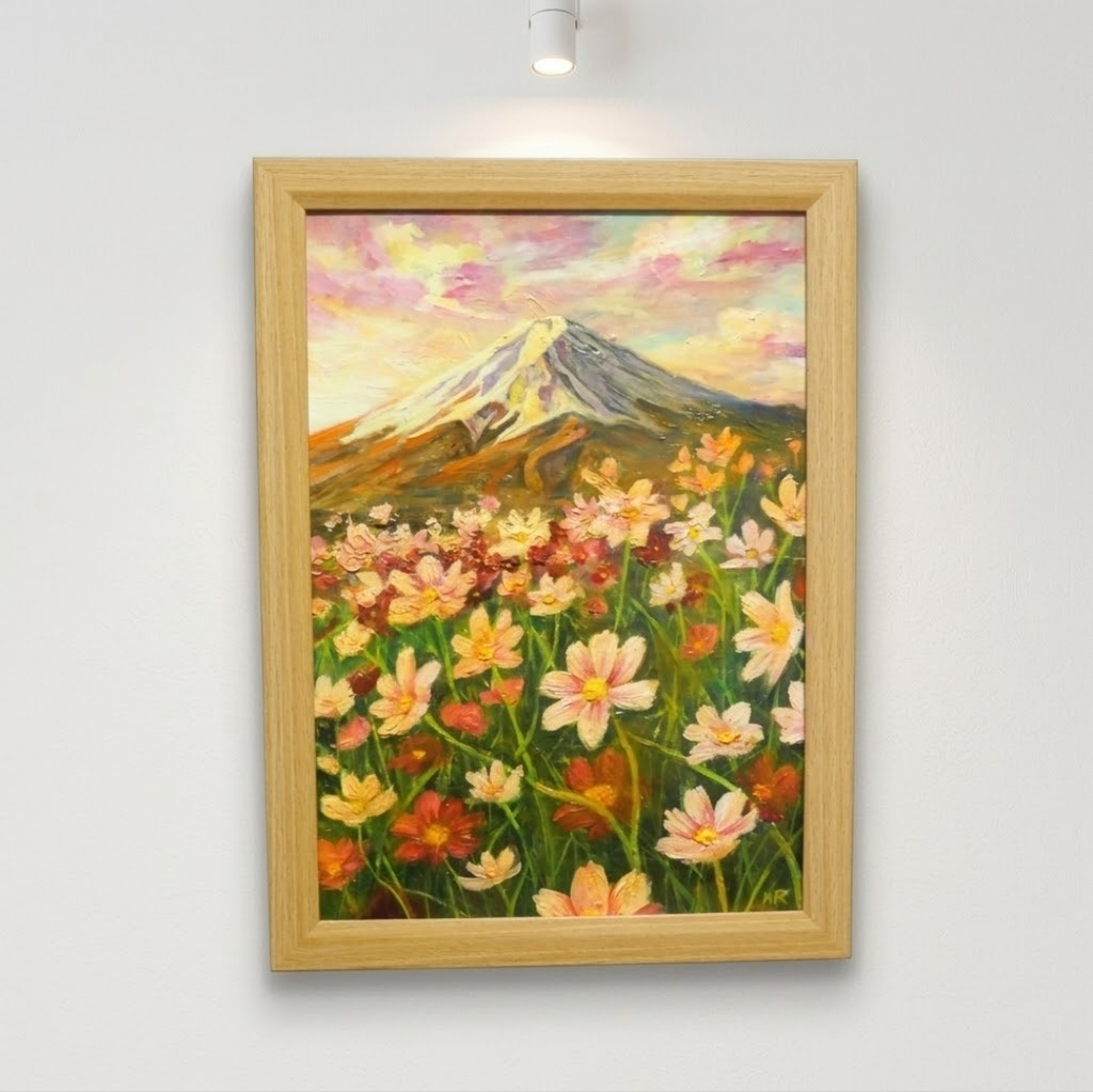 【油絵原画/A4額付き】富士山と秋桜(コスモス)『二度と戻らない、あの日の夕暮れ』風景画 壁掛けインテリアアート【ギフト対応】
