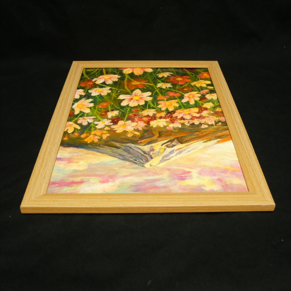 【油絵原画/A4額付き】富士山と秋桜(コスモス)『二度と戻らない、あの日の夕暮れ』風景画 壁掛けインテリアアート【ギフト対応】