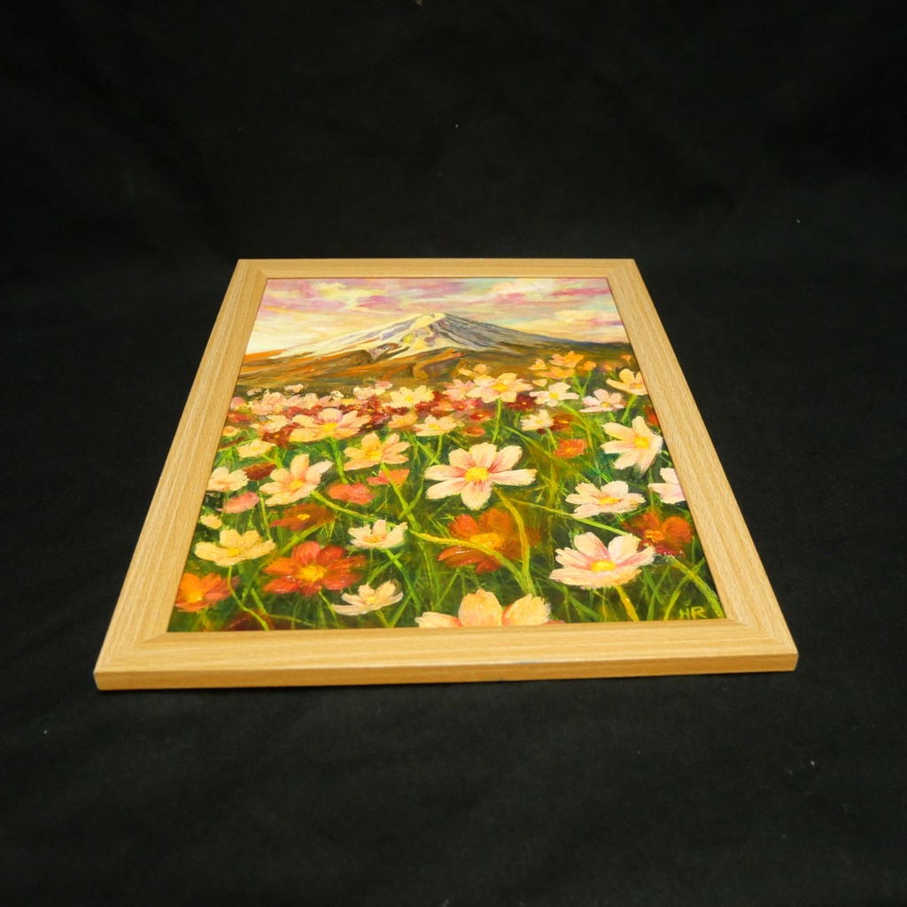 【油絵原画/A4額付き】富士山と秋桜(コスモス)『二度と戻らない、あの日の夕暮れ』風景画 壁掛けインテリアアート【ギフト対応】