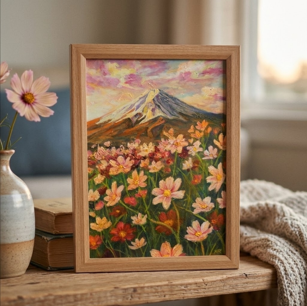 【油絵原画/A4額付き】富士山と秋桜(コスモス)『二度と戻らない、あの日の夕暮れ』風景画 壁掛けインテリアアート【ギフト対応】