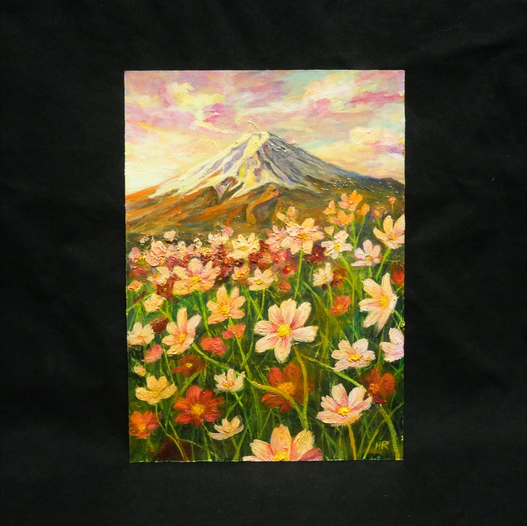 【油絵原画/A4額付き】富士山と秋桜(コスモス)『二度と戻らない、あの日の夕暮れ』風景画 壁掛けインテリアアート【ギフト対応】